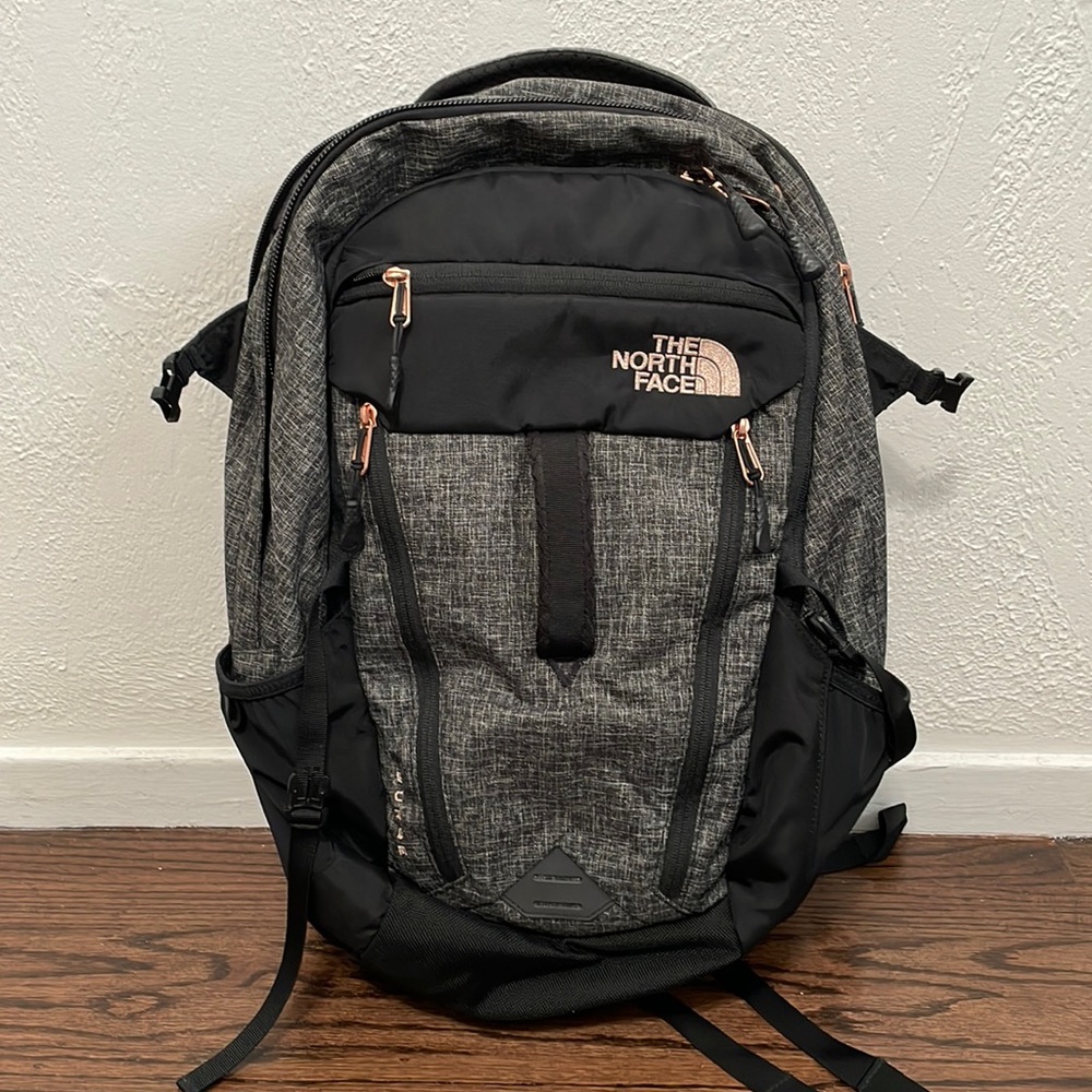 North Face 6-Compartment Padded Laptop Backpack - gray body, rose gold hardware